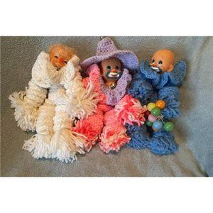 3 Handmade vintage YoYo  Circle Crochet Clown Dolls with ballons, hat, bells